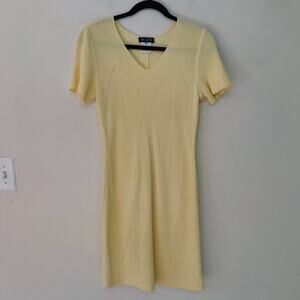Noriko Maeda Yellow Knit Sheath Dress V-Neck Women's Size 40 6